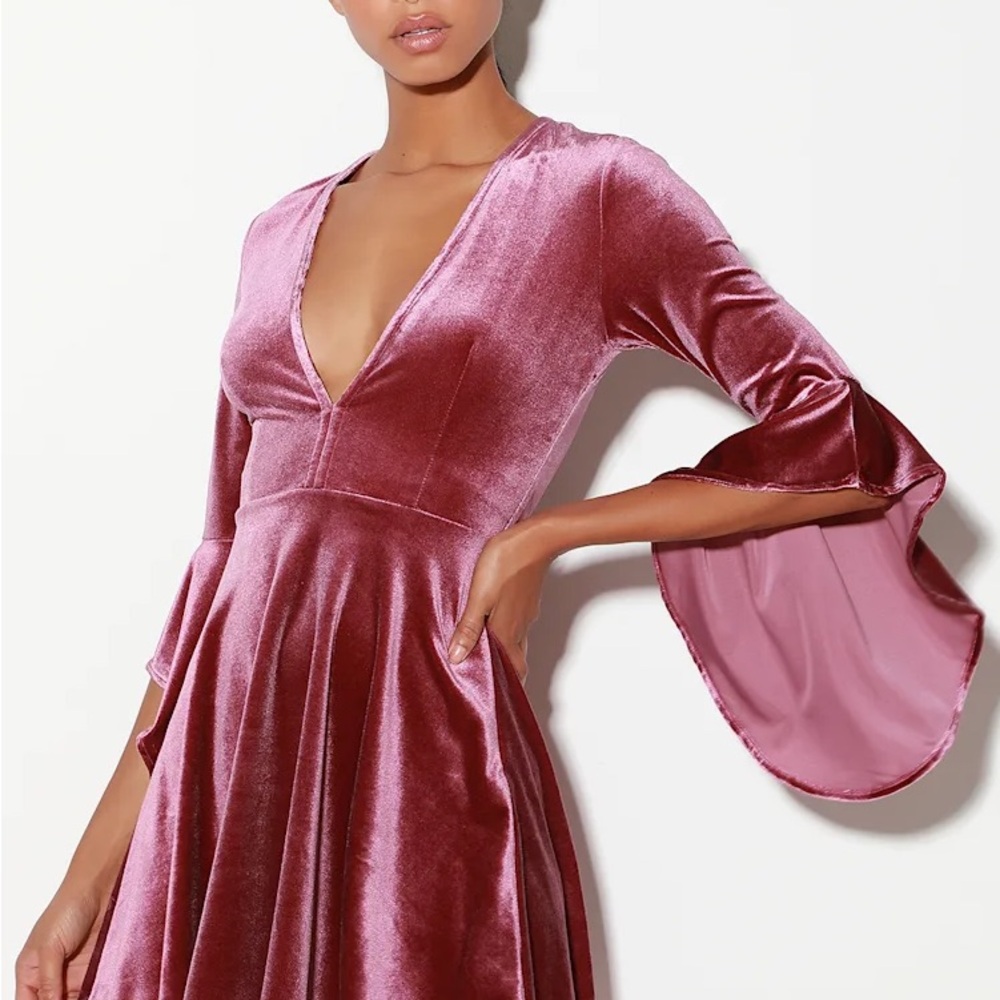Lulu's Velvet Pink Bell Sleeve A-Line Dress